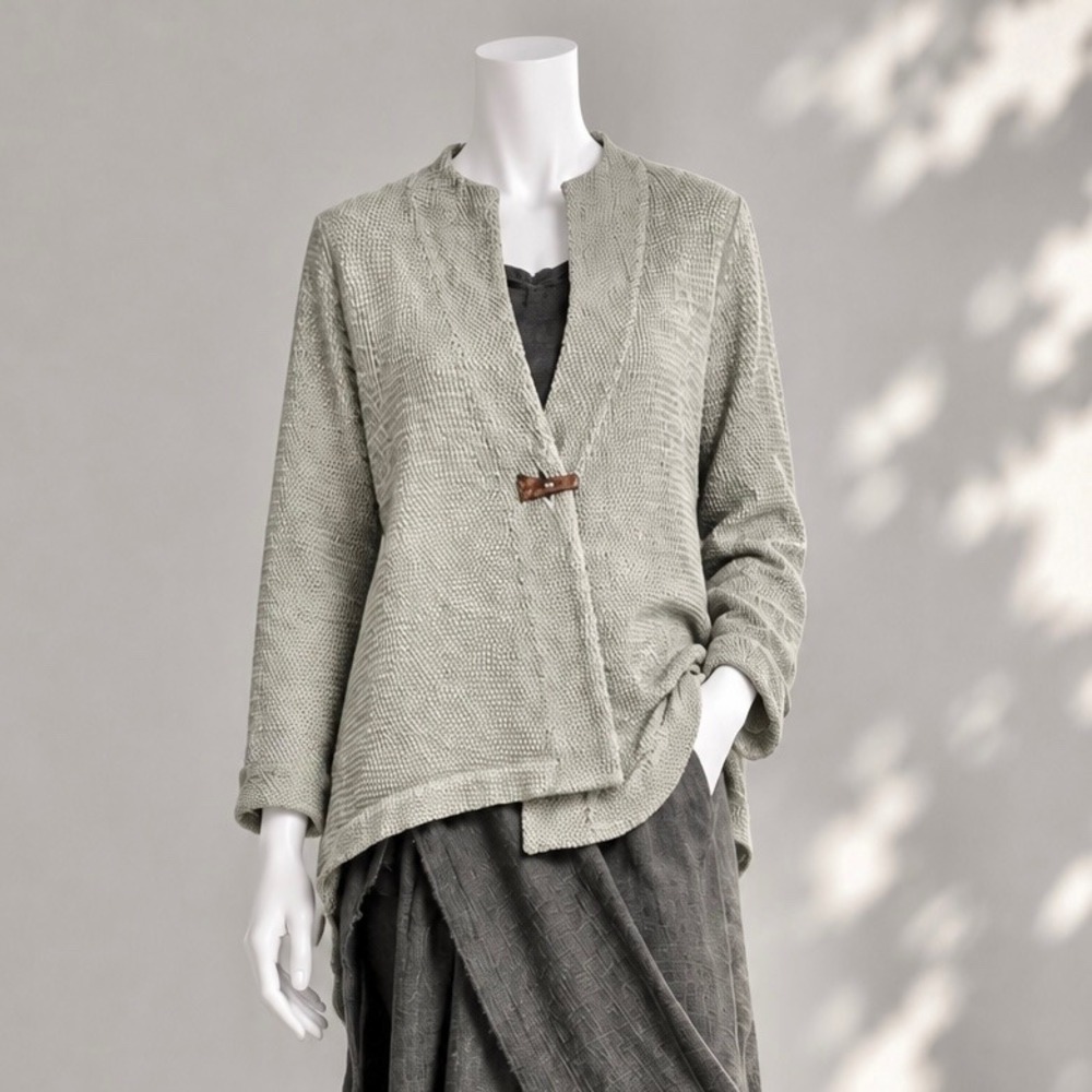 Focus Casuals Waffle Knit Jacket L Green Gray Single Button Asymmetric Art Wear